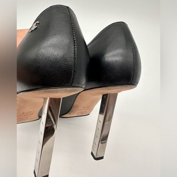 Chanel Collection Black Leather Satin Cap Toe Metal Ruler Heels Pumps EU37.5 US7 - Picture 6 of 12